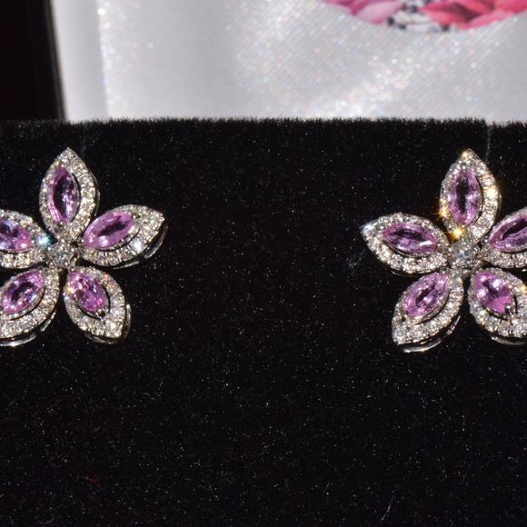 CERTIFIED NATURAL 2.36CTS VS F DIAMOND PINK SAPPHIRE 18K GOLD FLORAL EARRINGS - Picture 9 of 15